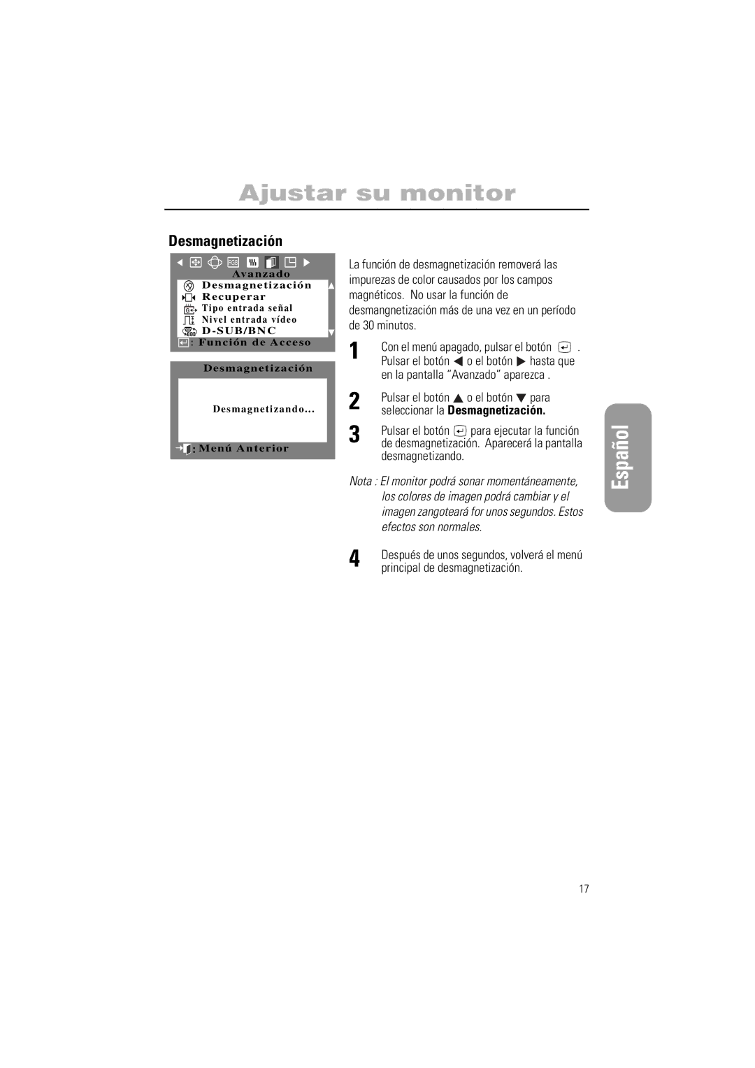 Samsung PG17IS, PG19IS manual Pulsar el botón El botón, Seleccionar la Desmagnetización, Desmagnetizando 