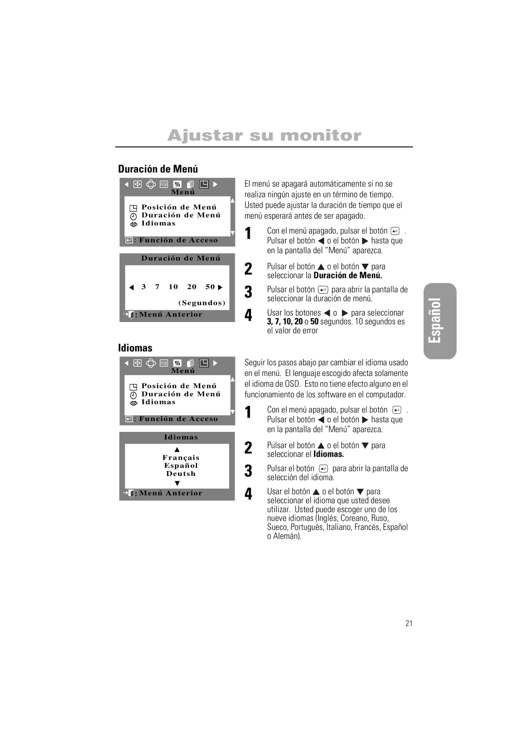 Samsung PG17IS, PG19IS manual Idiomas, Seleccionar la Duración de Menú 