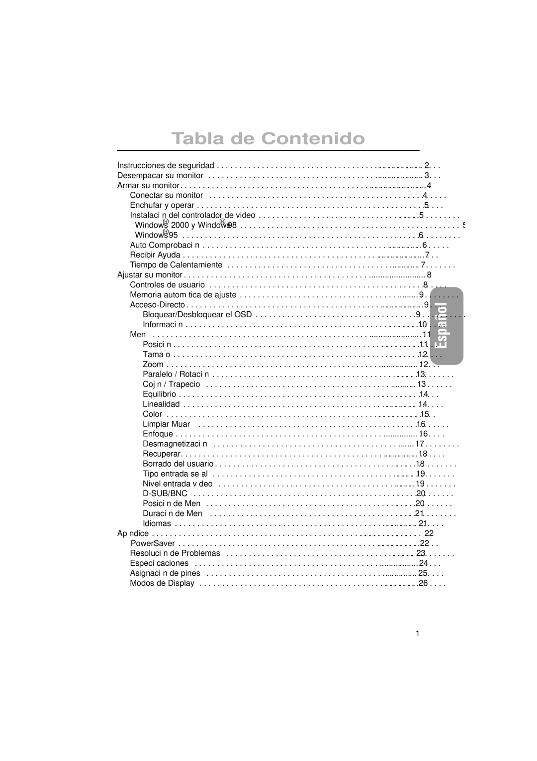 Samsung PG17IS, PG19IS manual Tabla de Contenido, Windows 2000 y Windows 