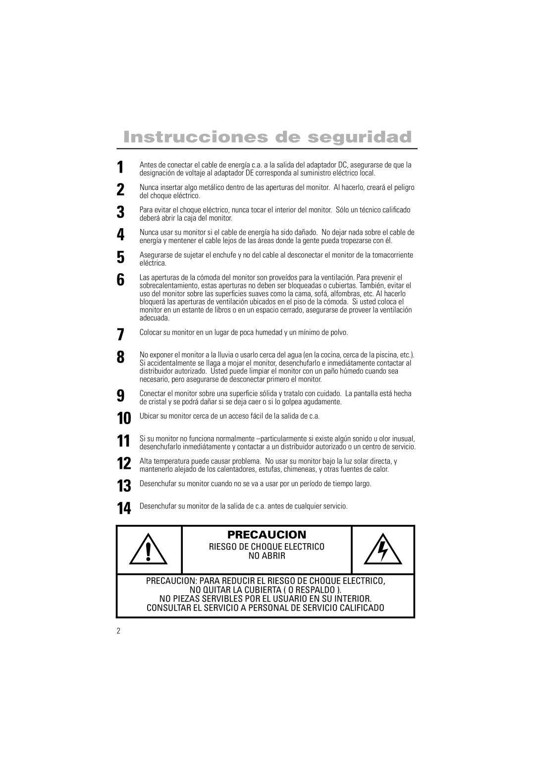 Samsung PG19IS, PG17IS manual Instrucciones de seguridad, Precaucion 