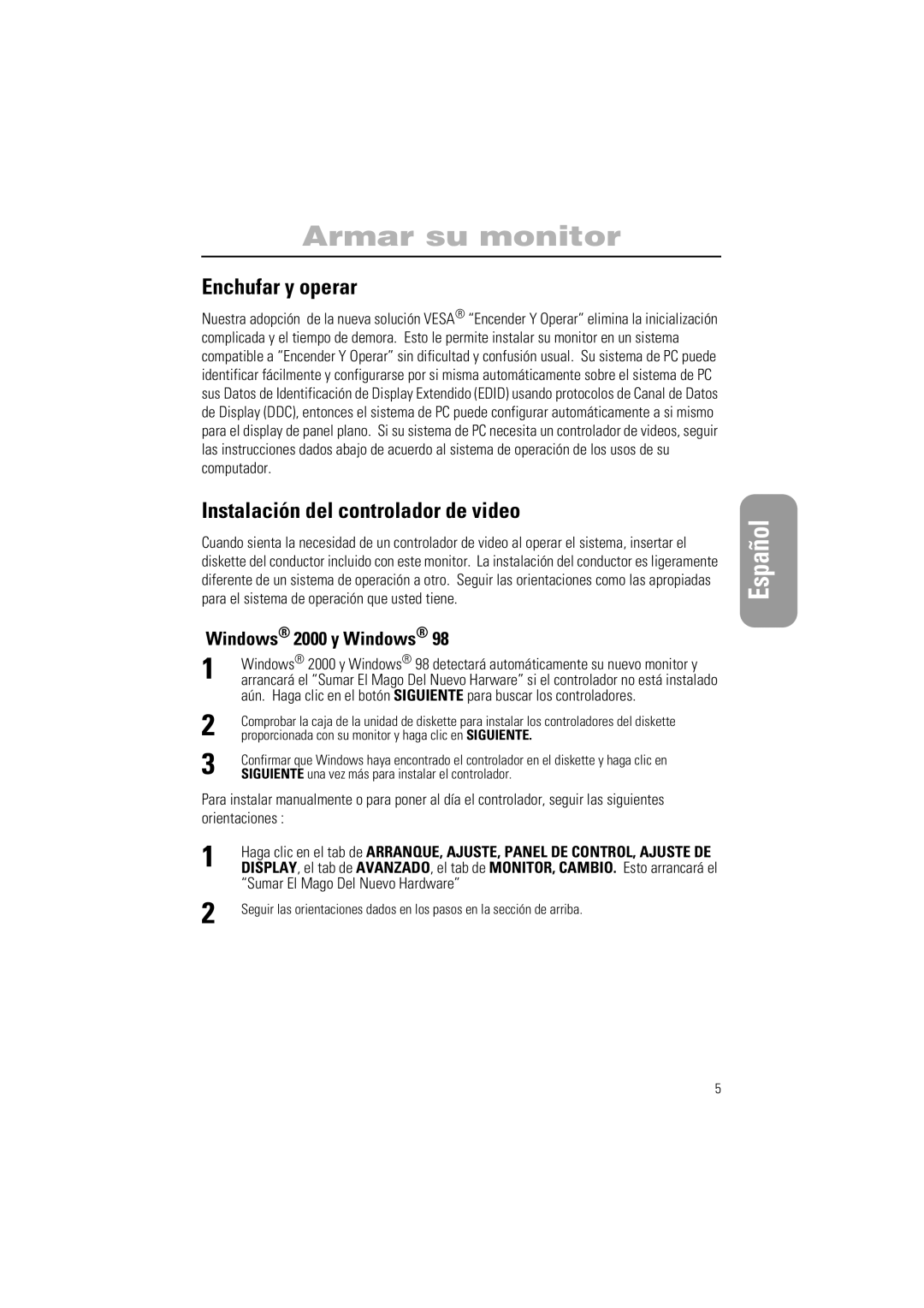 Samsung PG17IS, PG19IS manual Enchufar y operar, Instalación del controlador de video, Windows 2000 y Windows 