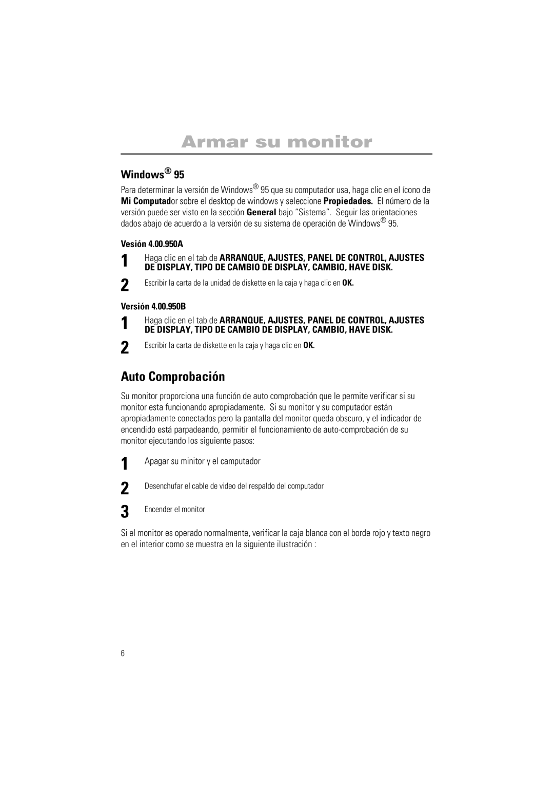 Samsung PG19IS, PG17IS Auto Comprobación, Windows, Vesión 4.00.950A, Versión 4.00.950B, Apagar su minitor y el camputador 