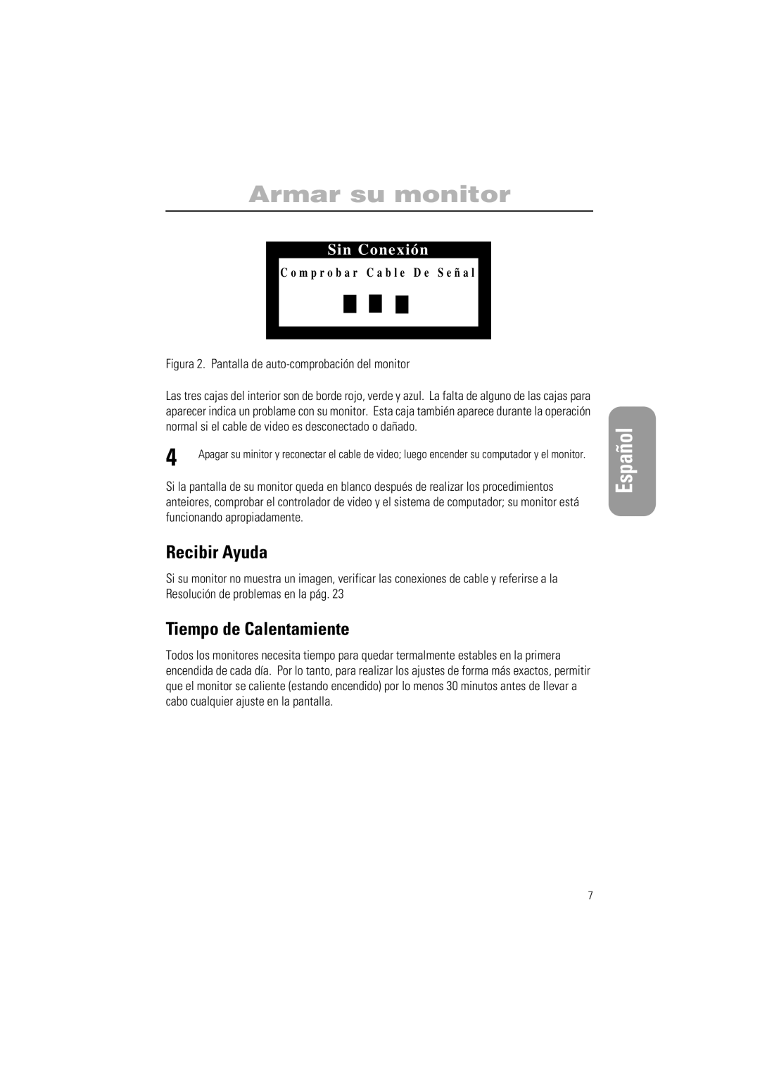 Samsung PG17IS, PG19IS manual Recibir Ayuda, Tiempo de Calentamiente 