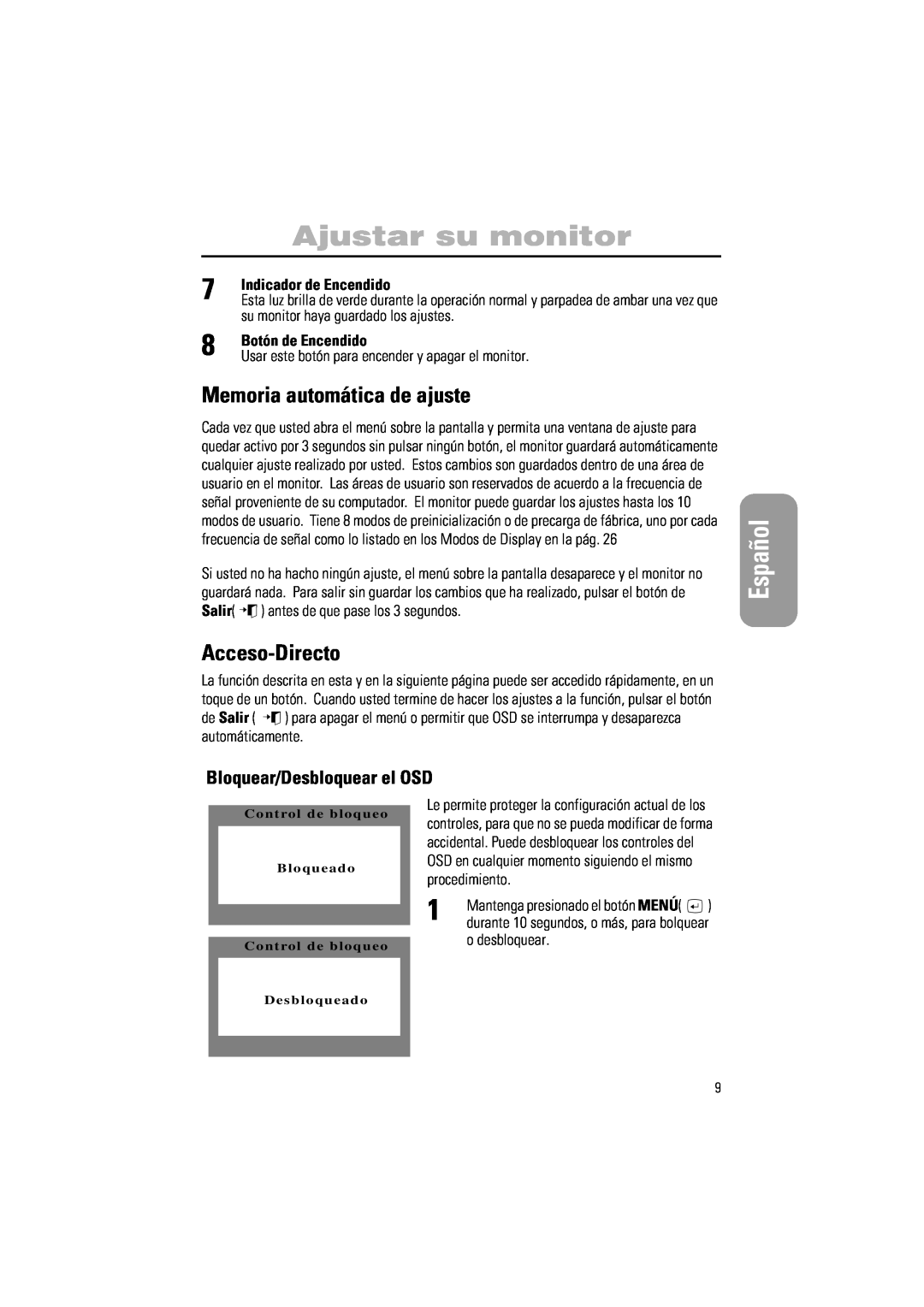 Samsung PG17IS Memoria automática de ajuste, Acceso-Directo, Bloquear/Desbloquear el OSD, Indicador de Encendido, Español 