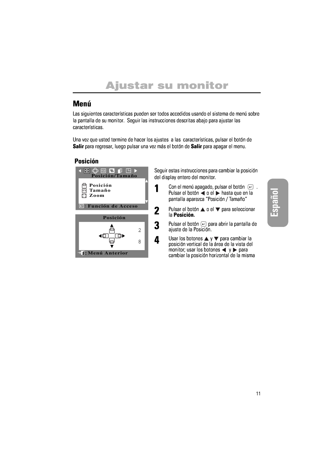 Samsung PG17IS, PG19IS manual Menú, la Posición, Ajustar su monitor, Español 