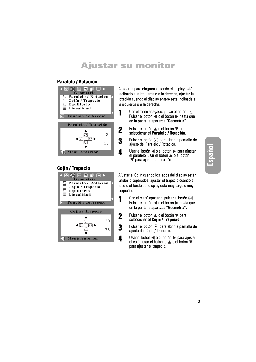 Samsung PG17IS, PG19IS manual Paralelo / Rotación, seleccionar el Cojín / Trapecio, Ajustar su monitor, Español 