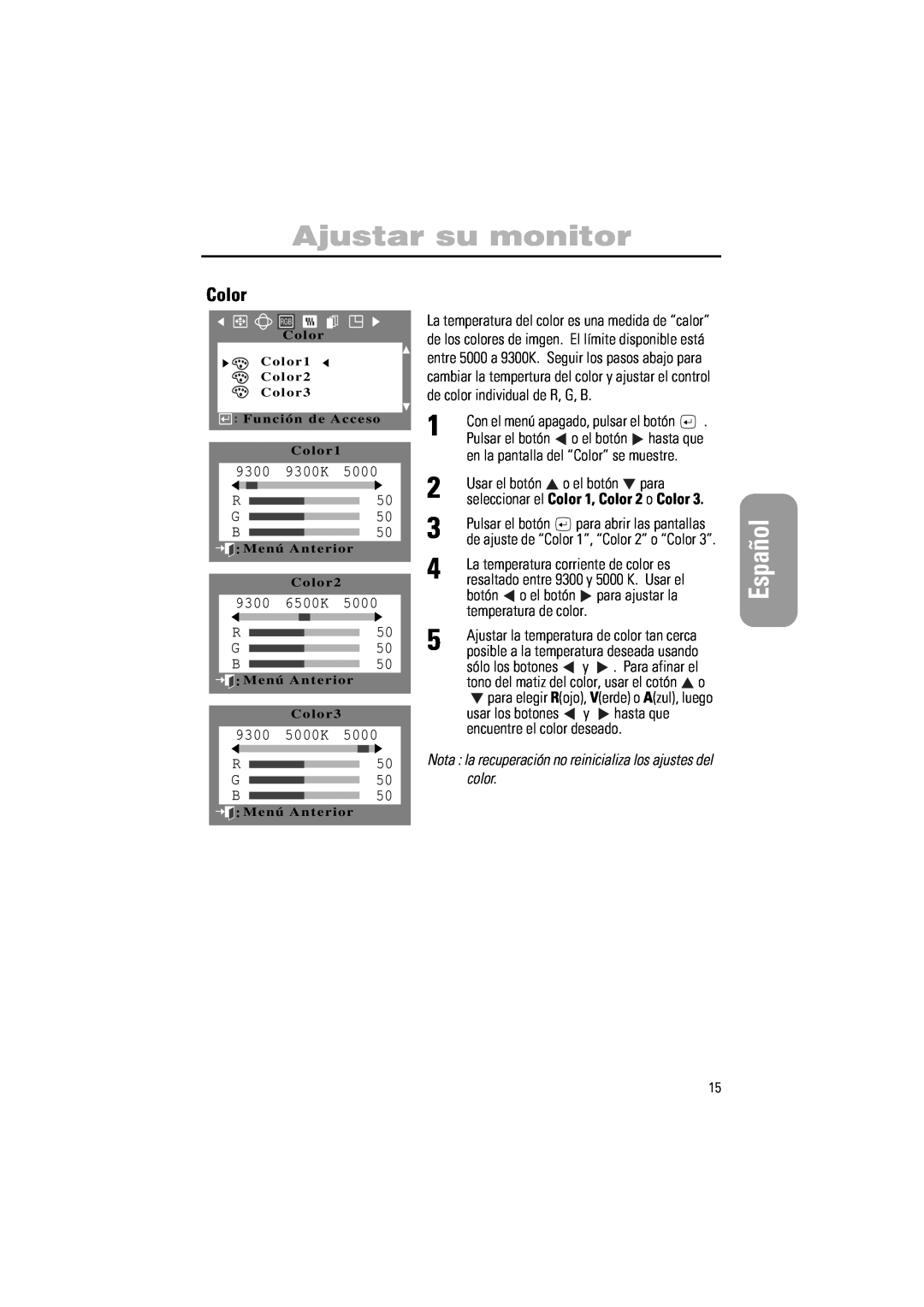 Samsung PG17IS, PG19IS manual Color, Ajustar su monitor, Español 