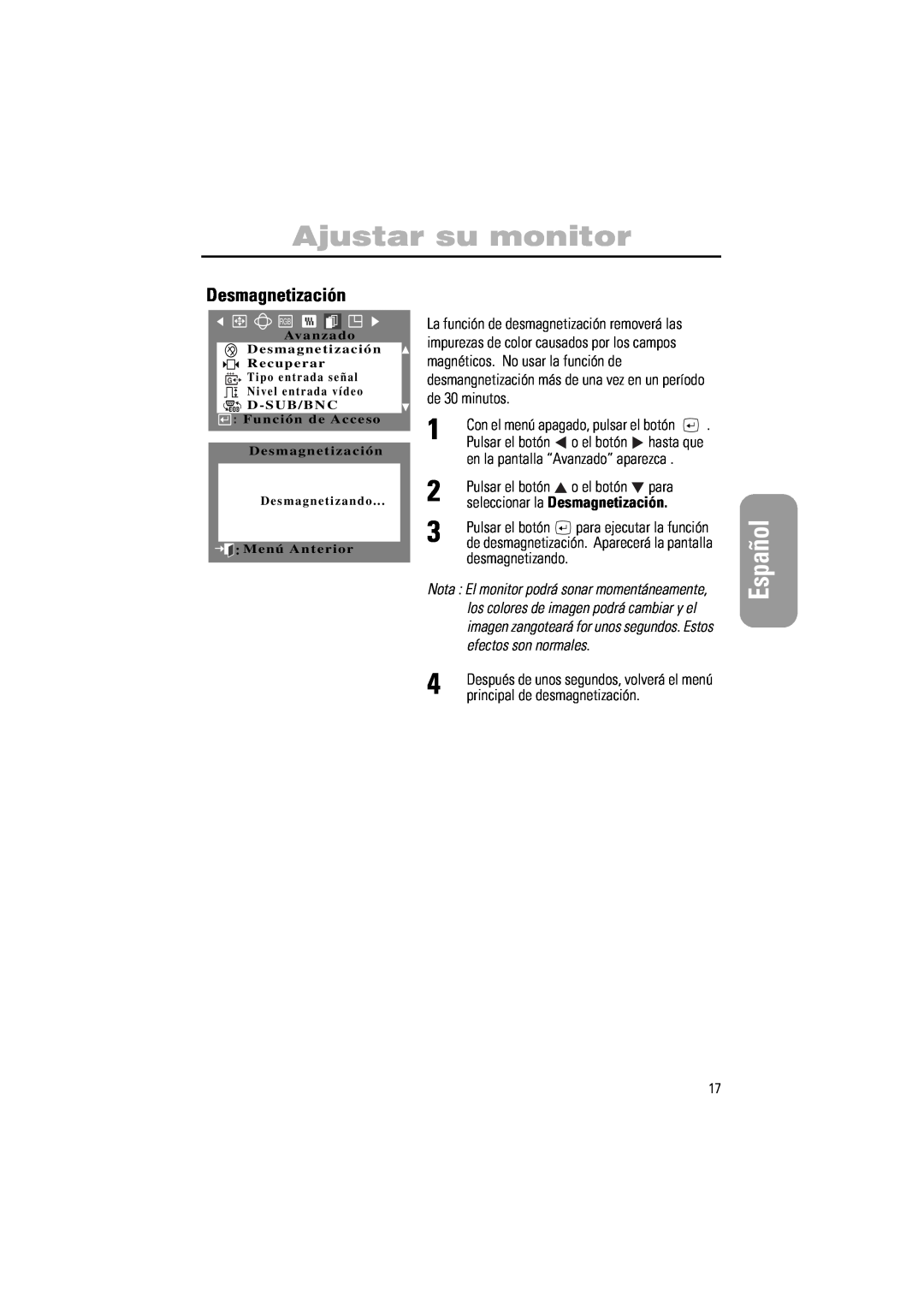 Samsung PG17IS manual seleccionar la Desmagnetización, Ajustar su monitor, Español, en la pantalla “Avanzado” aparezca 