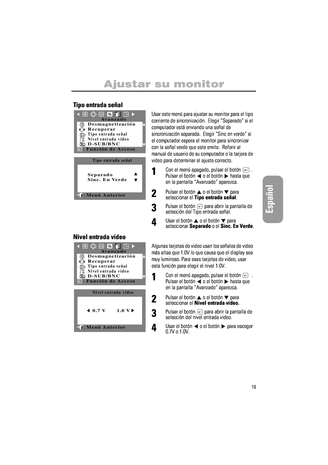 Samsung PG17IS, PG19IS manual Nivel entrada vídeo, Ajustar su monitor, Español, seleccionar el Tipo entrada señal 