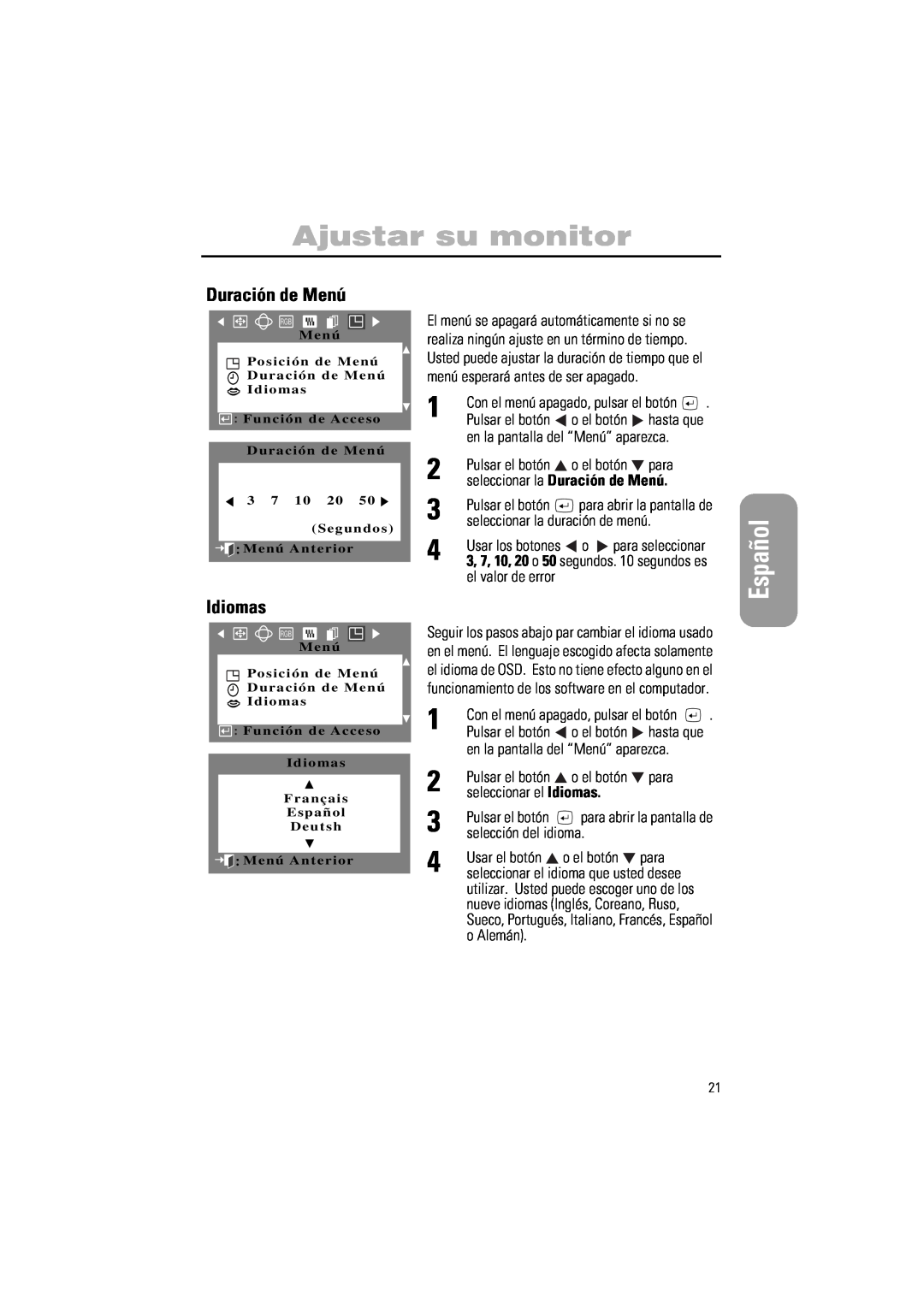 Samsung PG17IS, PG19IS manual Idiomas, seleccionar la Duración de Menú, Ajustar su monitor, Español 