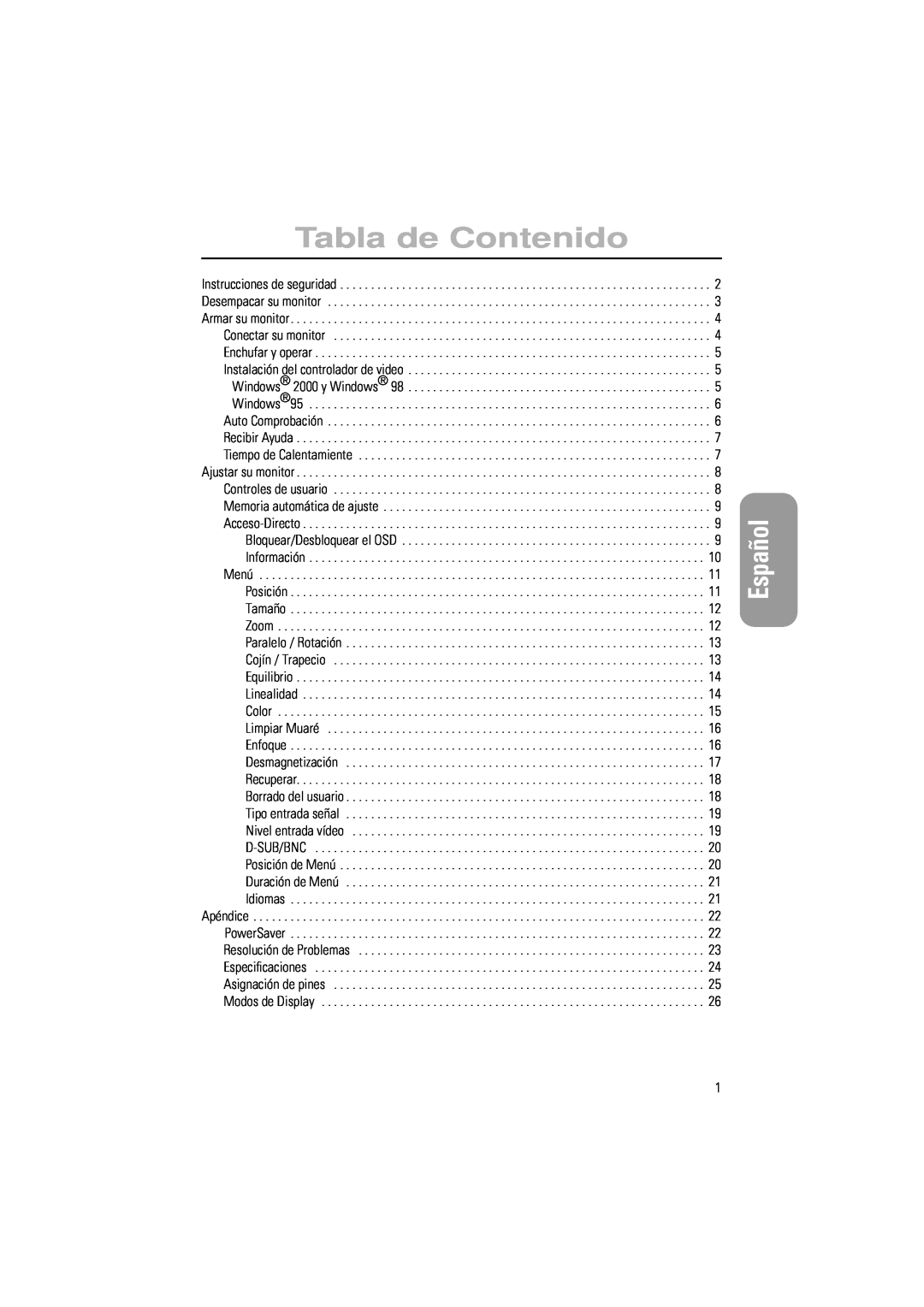 Samsung PG17IS, PG19IS manual Tabla de Contenido, Español 
