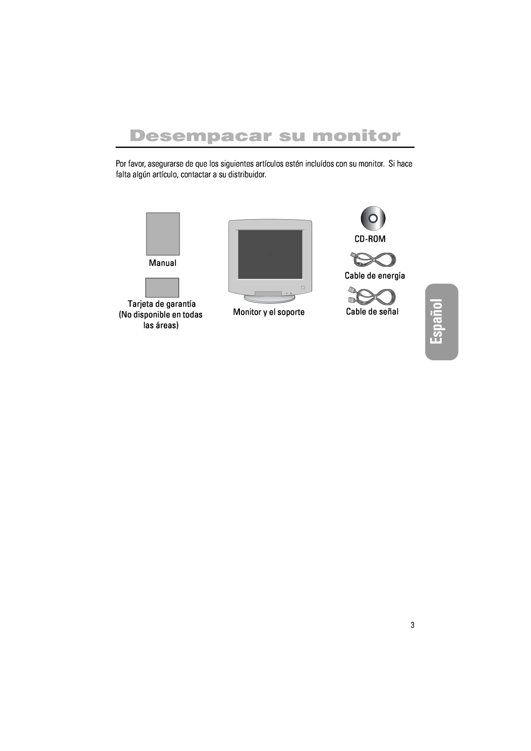 Samsung PG17IS manual Desempacar su monitor, Español, Cd-Rom, Monitor y el soporte, Cable de señal, No disponible en todas 