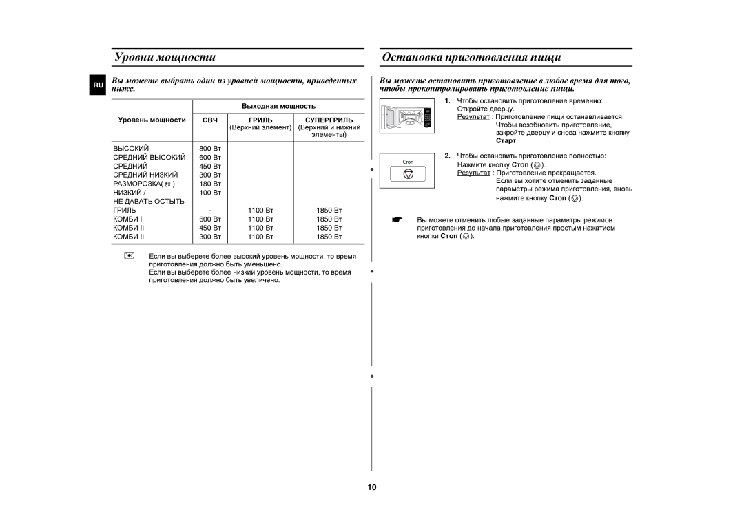 Samsung PG833R/BWT manual Уровни мощности, Остановка приготовления пищи 