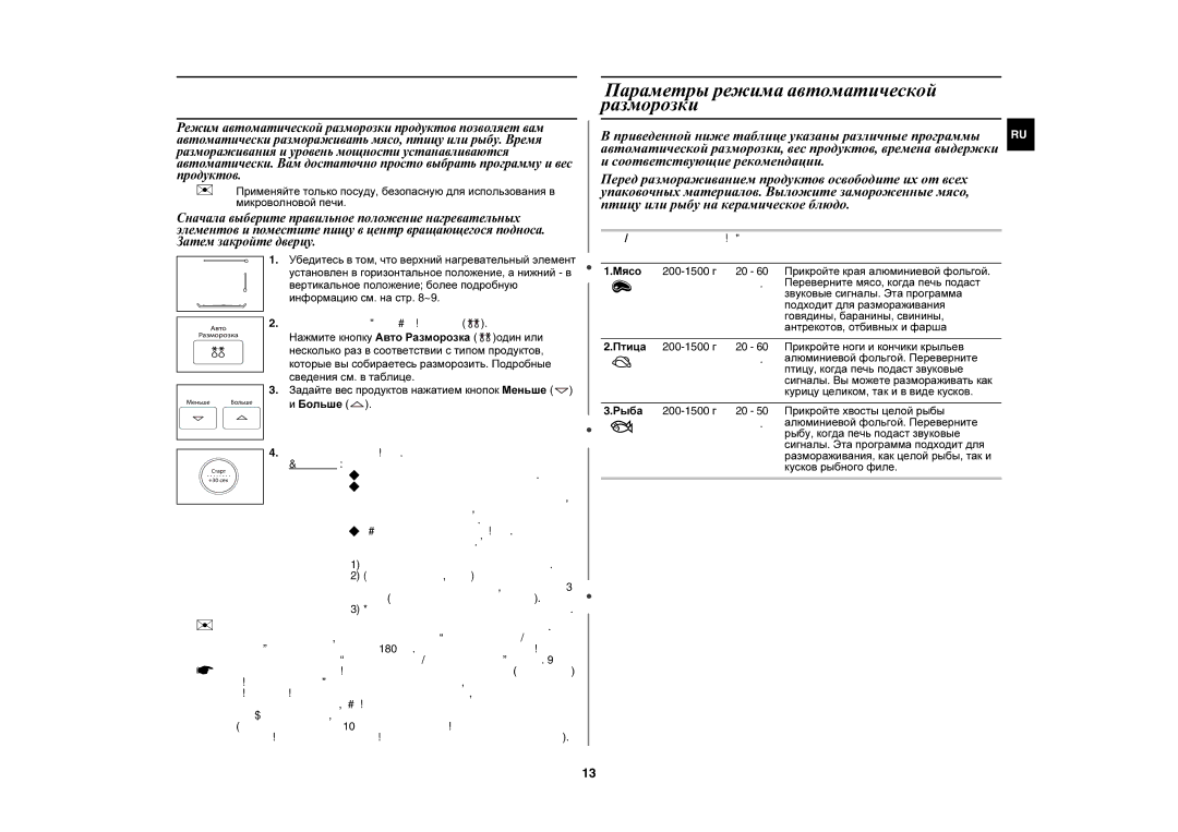 Samsung PG833R/BWT manual Параметры режима автоматической разморозки 