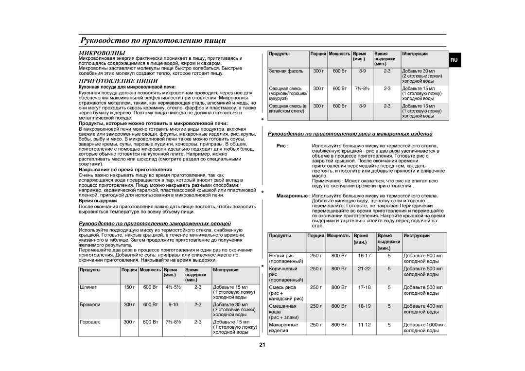 Samsung PG838R-D/BWT, PG838R/BWT, PG838R-SB/BWT manual Руководство по приготовлению пищи, Микроволны, Приготовление Пищи 