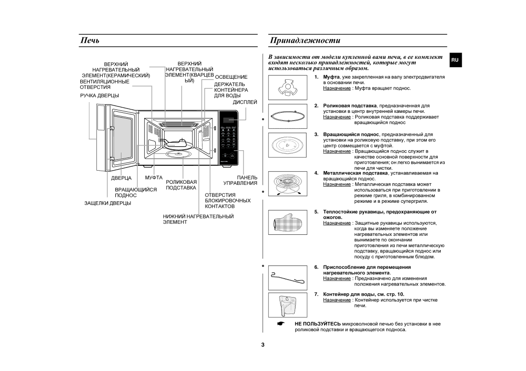 Samsung PG838R-D/BWT, PG838R/BWT Печь, Принадлежности, Вращающийся поднос, Теплостойкие рукавицы, предохраняющие от Ожогов 