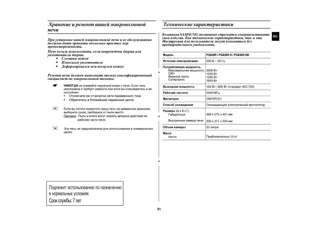 Samsung PG838R-SB/BWT Хранение и ремонт вашей микроволновой печи, Технические характеристики, Нетто Приблизительно 15 кг 