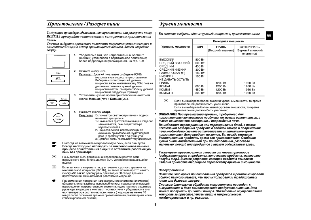 Samsung PG838R-D/BWT, PG838R/BWT manual Приготовление / Разогрев пищи Уровни мощности, Выходная мощность, Уровень мощности 