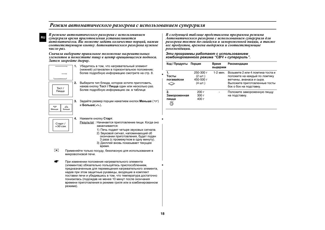 Samsung PG878KSTR/BWT manual Режим автоматического разогрева с использованием супергриля 