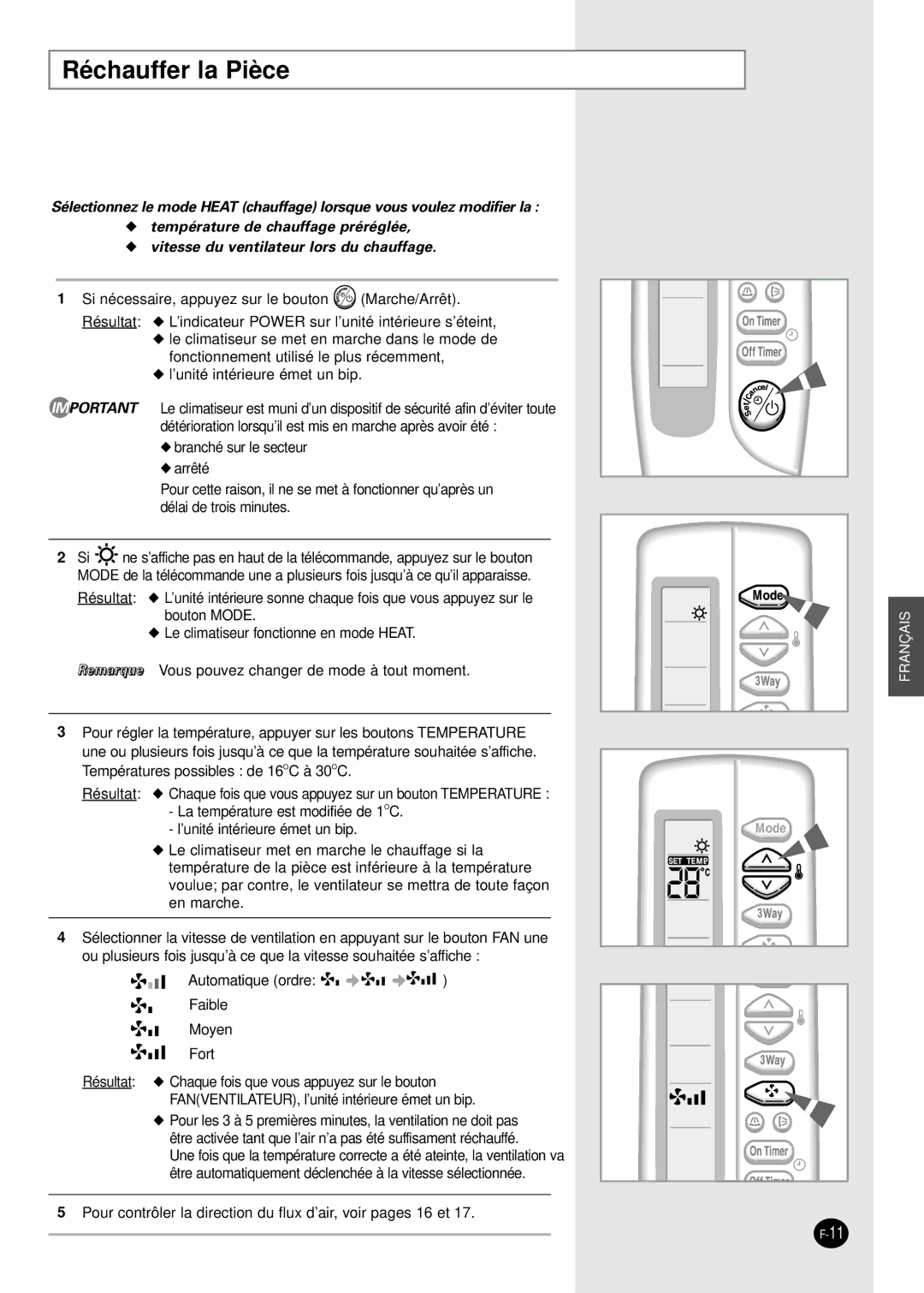 Samsung PH28ZA1 manual Réchauffer la Pièce 