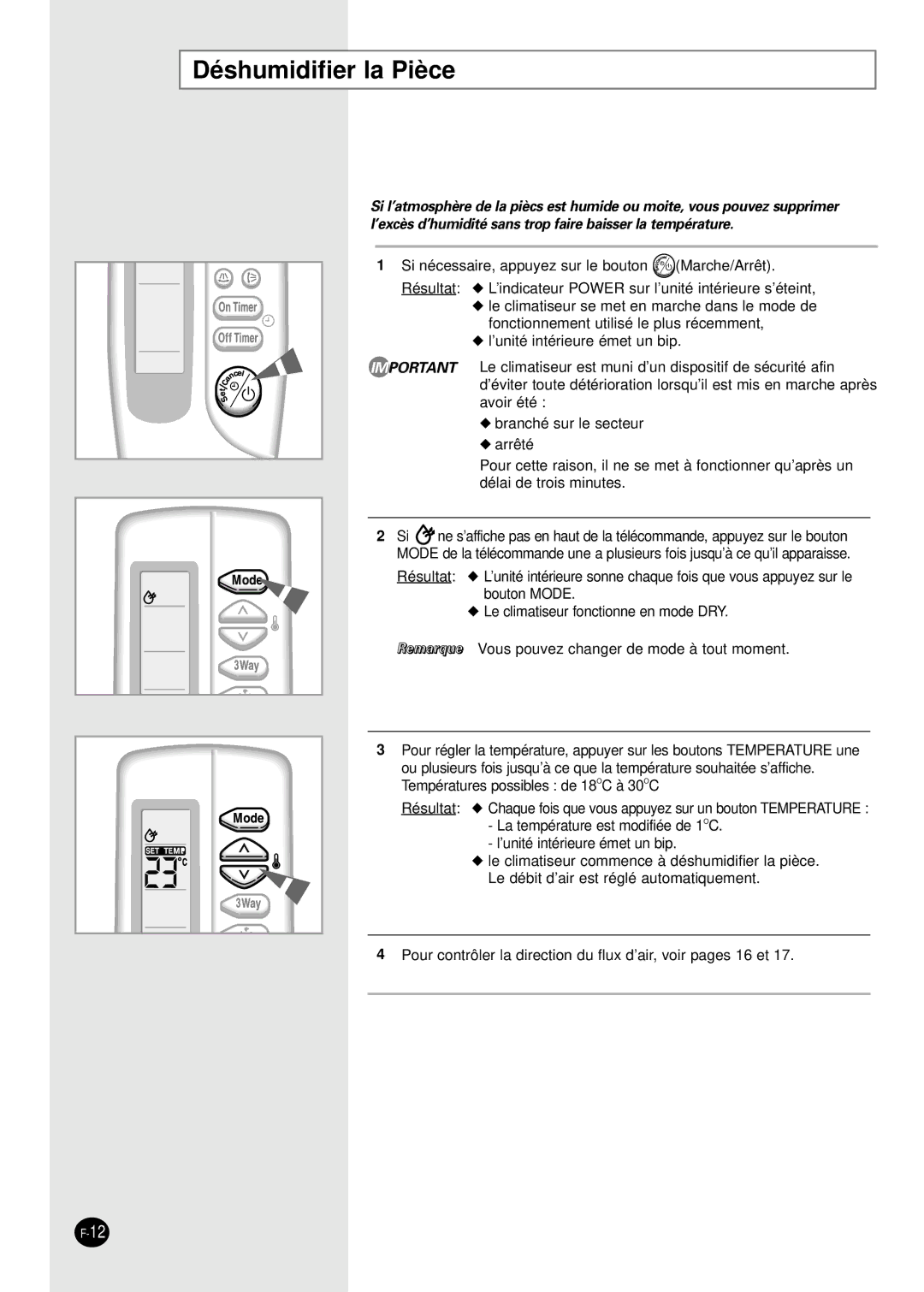 Samsung PH28ZA1 manual Déshumidifier la Pièce 