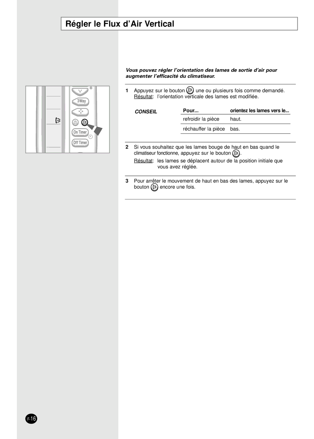 Samsung PH28ZA1 manual Régler le Flux d’Air Vertical, Conseil 