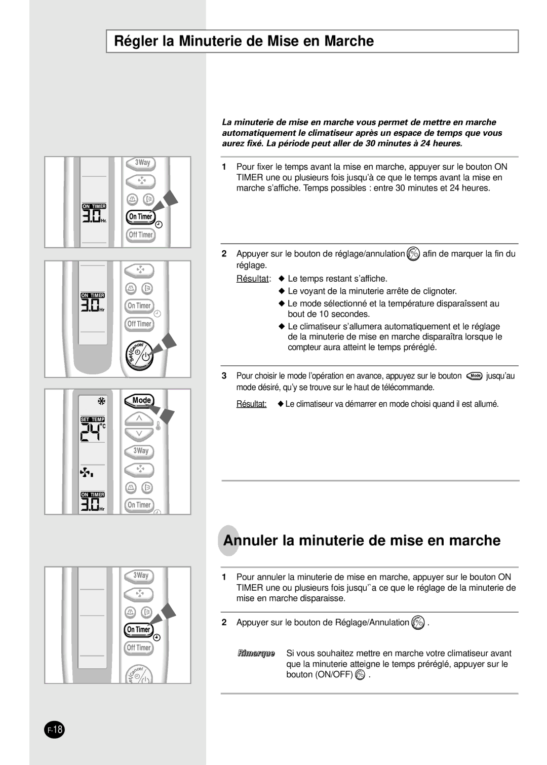 Samsung PH28ZA1 manual Régler la Minuterie de Mise en Marche, Annuler la minuterie de mise en marche 