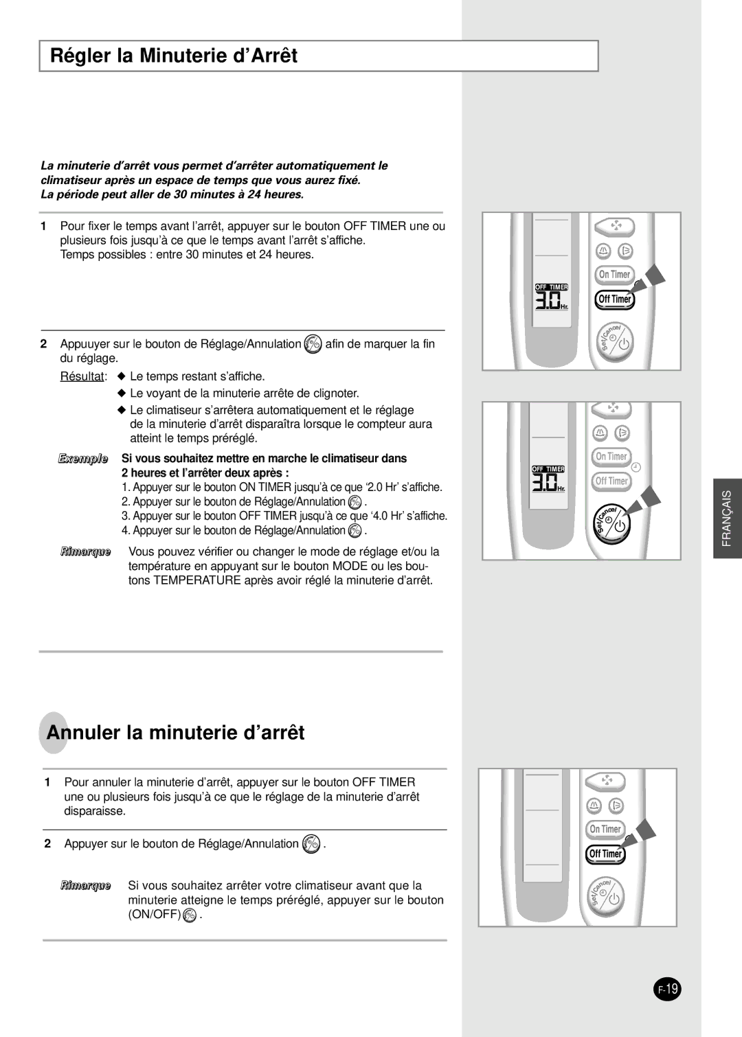 Samsung PH28ZA1 manual Régler la Minuterie d’Arrêt, Annuler la minuterie d’arrêt 