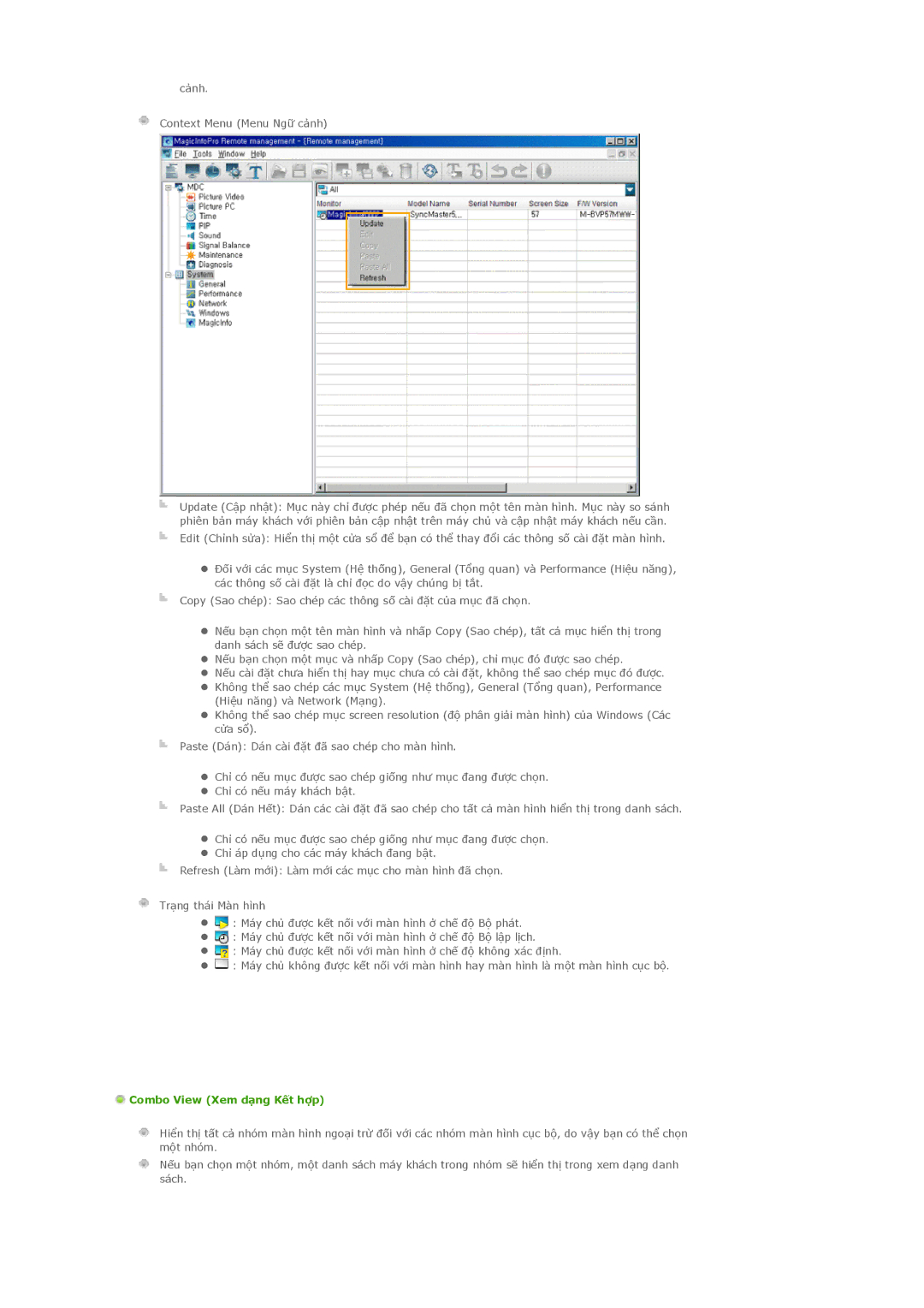 Samsung PH42KLPLBC/XV manual Cảnh Context Menu Menu Ngữ cảnh, Combo View Xem dạng Kết hợp 