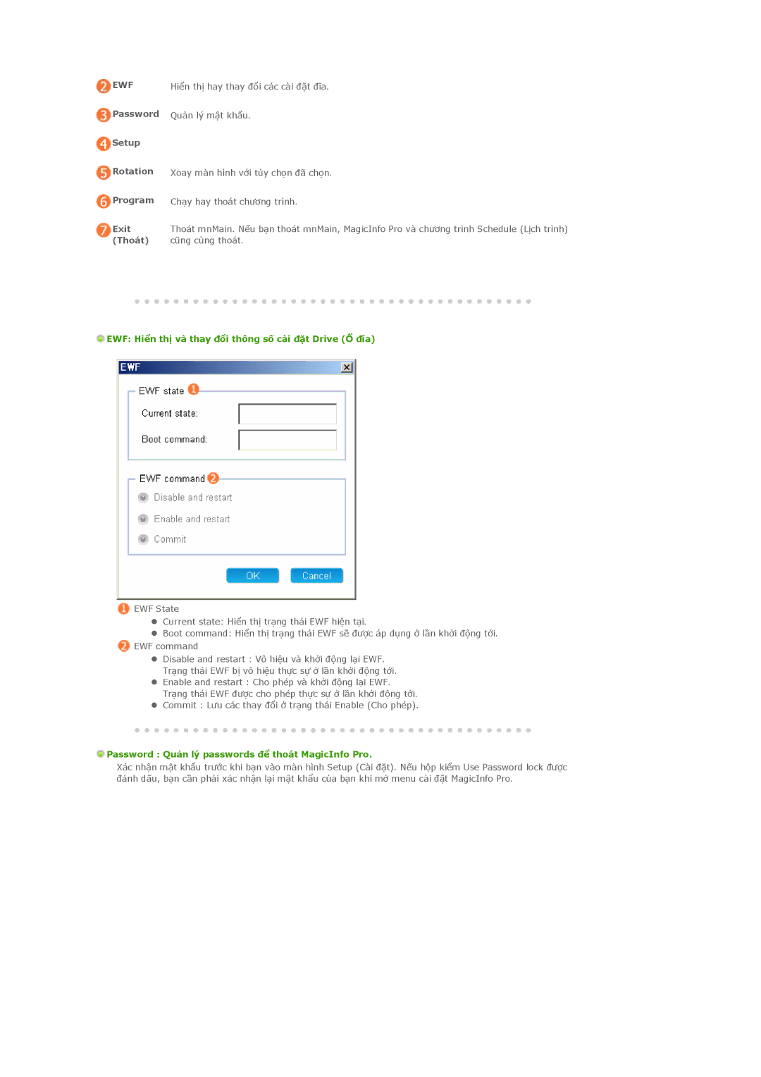 Samsung PH42KLPLBC/XV Password Setup Rotation Program Exit Thoát, EWF Hiển thị và thay đổi thông số cài đặt Drive Ổ đĩa 