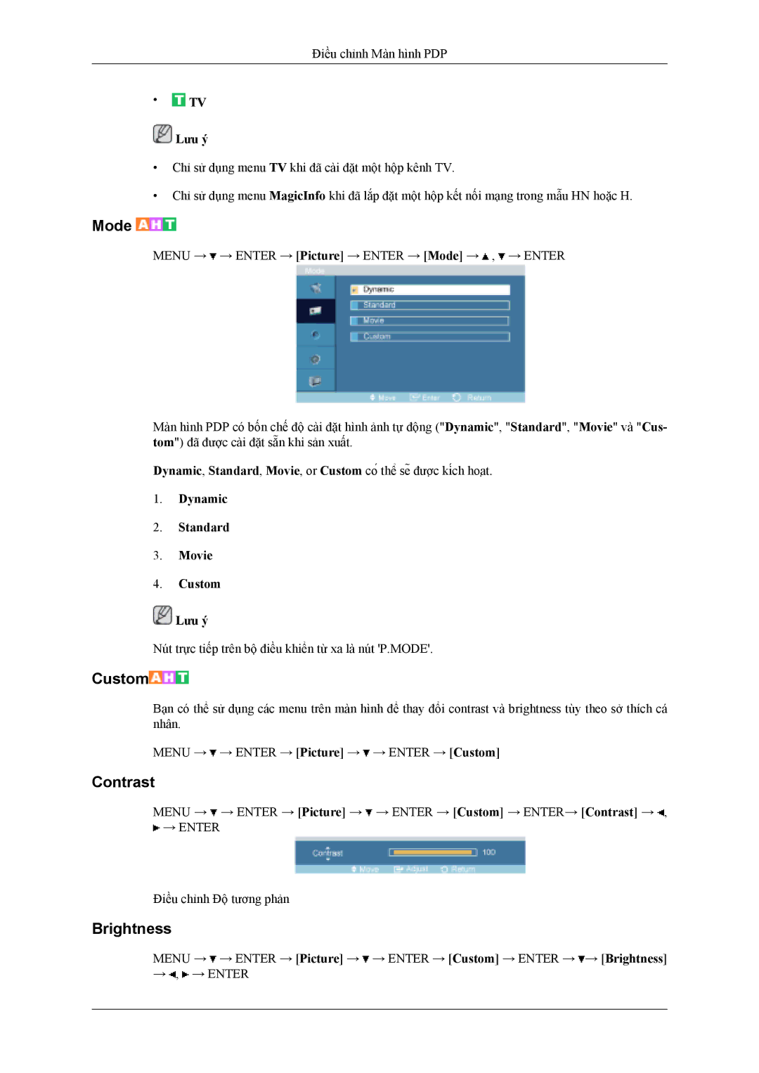 Samsung PH42KLPLBC/XV manual Mode, Dynamic Standard Movie Custom Lưu ý 