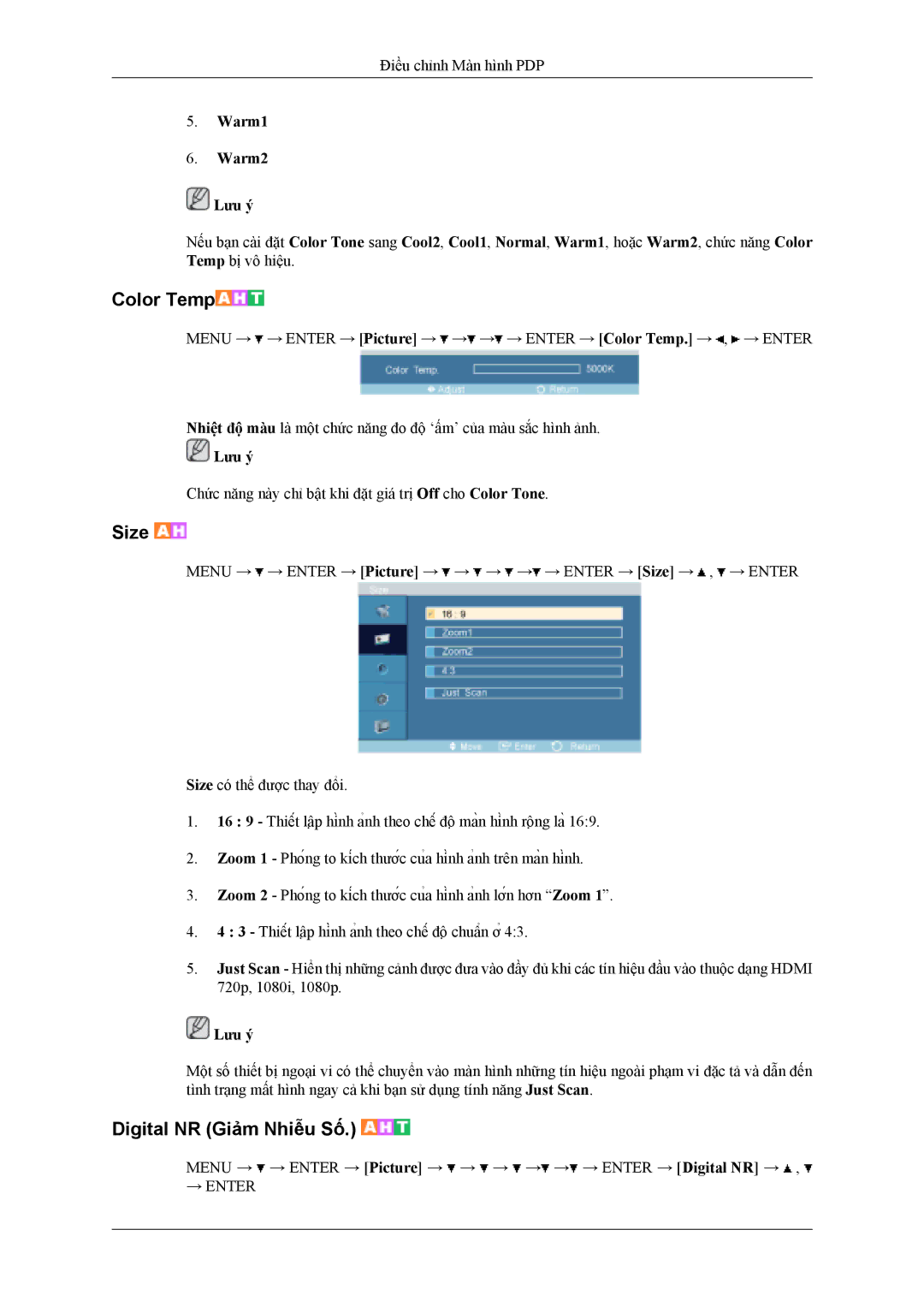 Samsung PH42KLPLBC/XV manual Digital NR Giảm Nhiễu Số, Warm1 Warm2 Lưu ý 