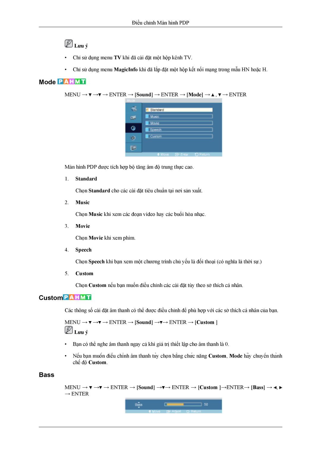 Samsung PH42KLPLBC/XV manual Bass, Music, Speech 