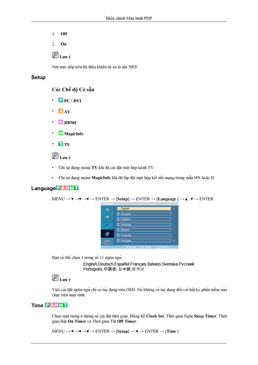 Samsung PH42KLPLBC/XV manual Setup, Language, Time, Off Lưu ý 