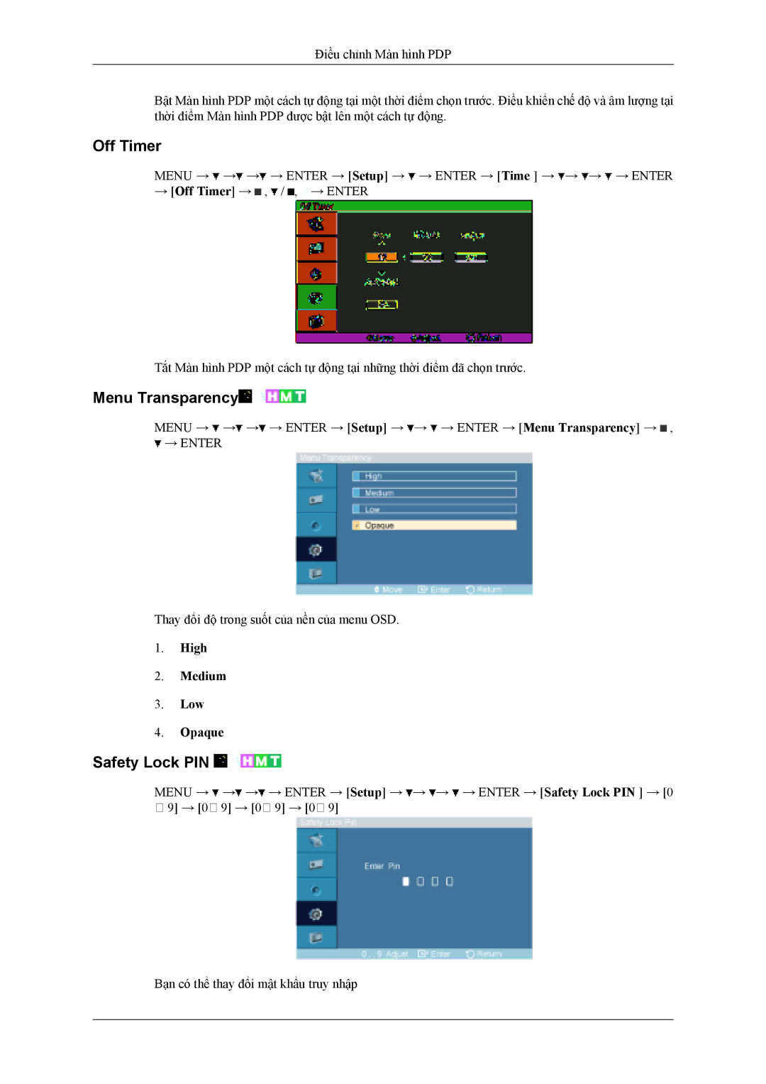 Samsung PH42KLPLBC/XV manual Off Timer, Menu Transparency, Safety Lock PIN, High Medium Low Opaque 