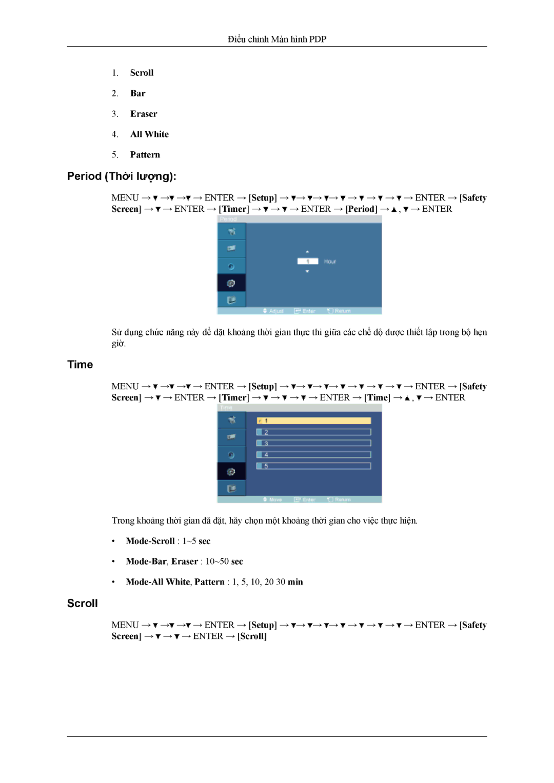 Samsung PH42KLPLBC/XV manual Period Thời lượng, Scroll Bar Eraser All White Pattern 