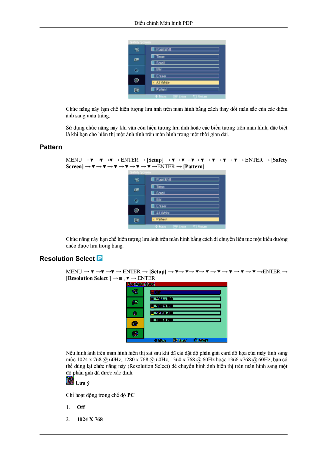 Samsung PH42KLPLBC/XV manual Pattern, Resolution Select, Off 1024 X 