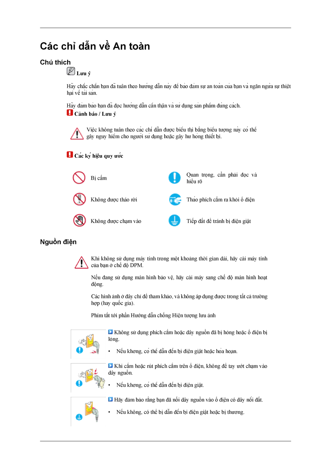 Samsung PH42KLPLBC/XV manual Chú thích, Nguồn điện, Cảnh báo / Lưu ý, Các ký hiệu quy ước 