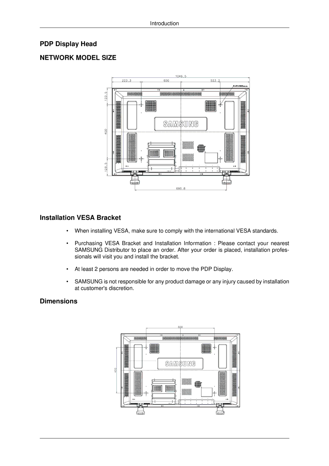 Samsung PH42KPPLBC/EN, PH42KPPLBC/XY, PH42KPPLBC/XV manual PDP Display Head, Installation Vesa Bracket, Dimensions 