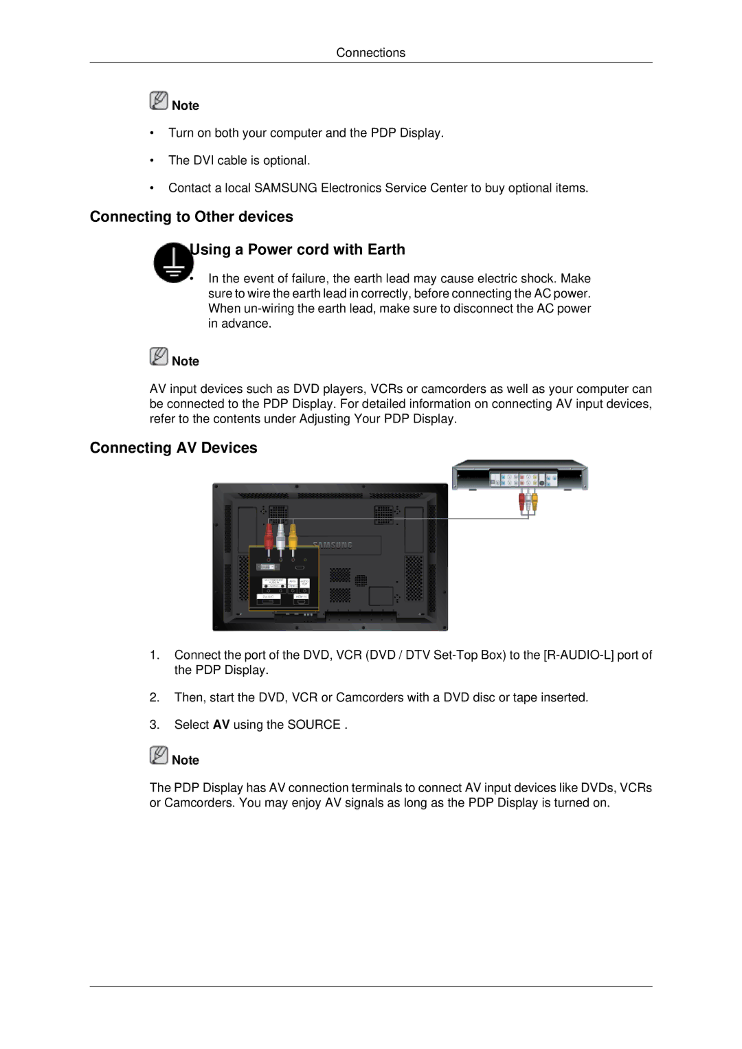 Samsung PH42KPPLBC/EN, PH42KPPLBC/XY manual Connecting to Other devices Using a Power cord with Earth, Connecting AV Devices 