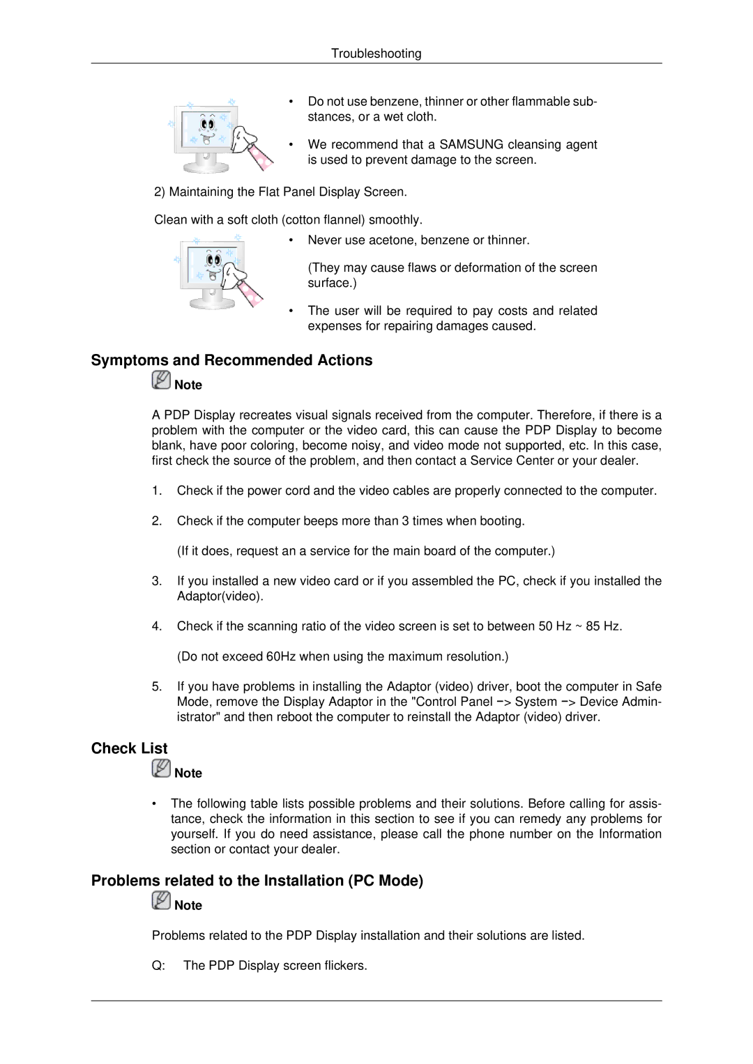 Samsung PH42KPPLBC/XY manual Symptoms and Recommended Actions, Check List, Problems related to the Installation PC Mode 