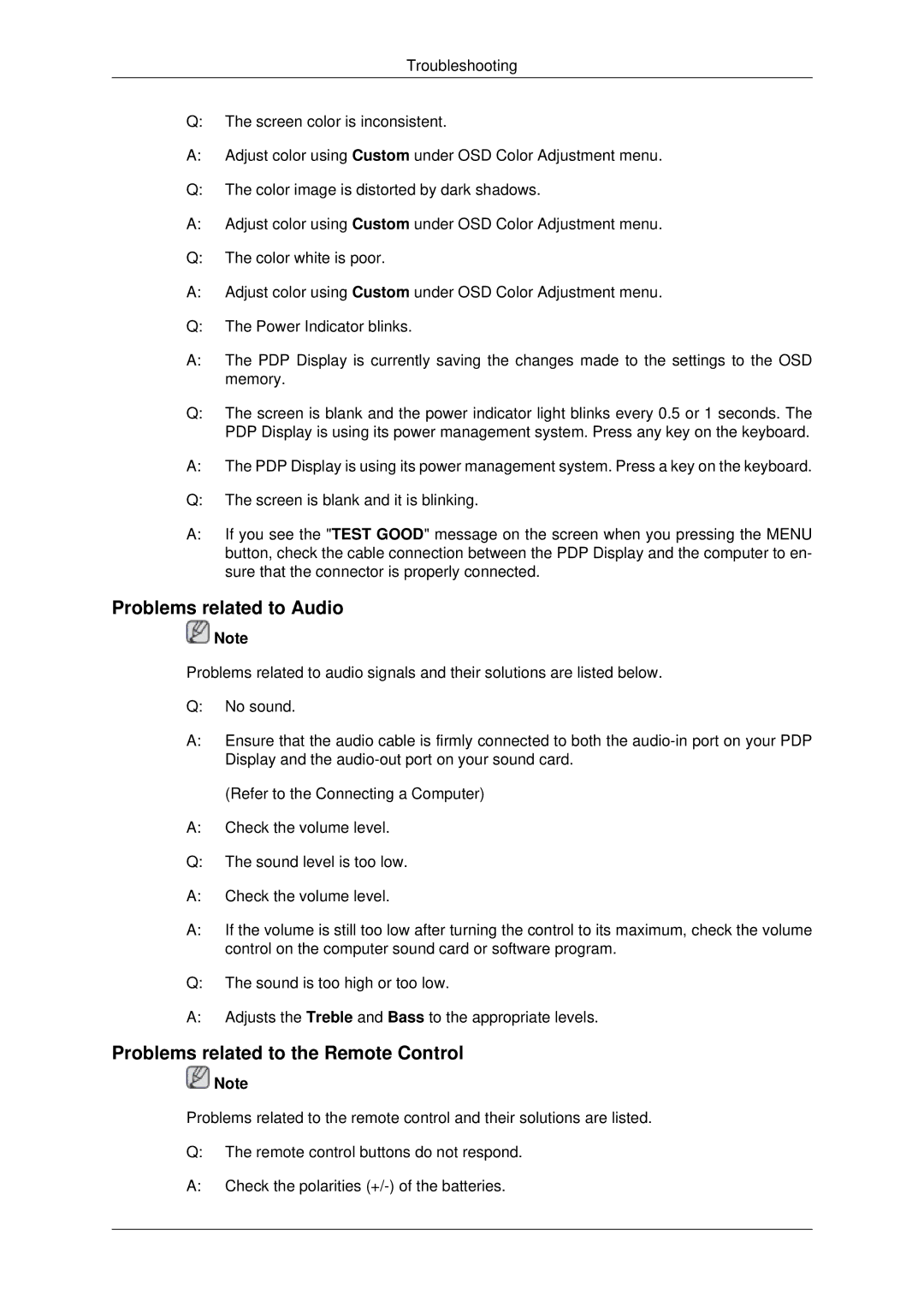 Samsung PH42KPPLBC/EN, PH42KPPLBC/XY, PH42KPPLBC/XV manual Problems related to Audio, Problems related to the Remote Control 