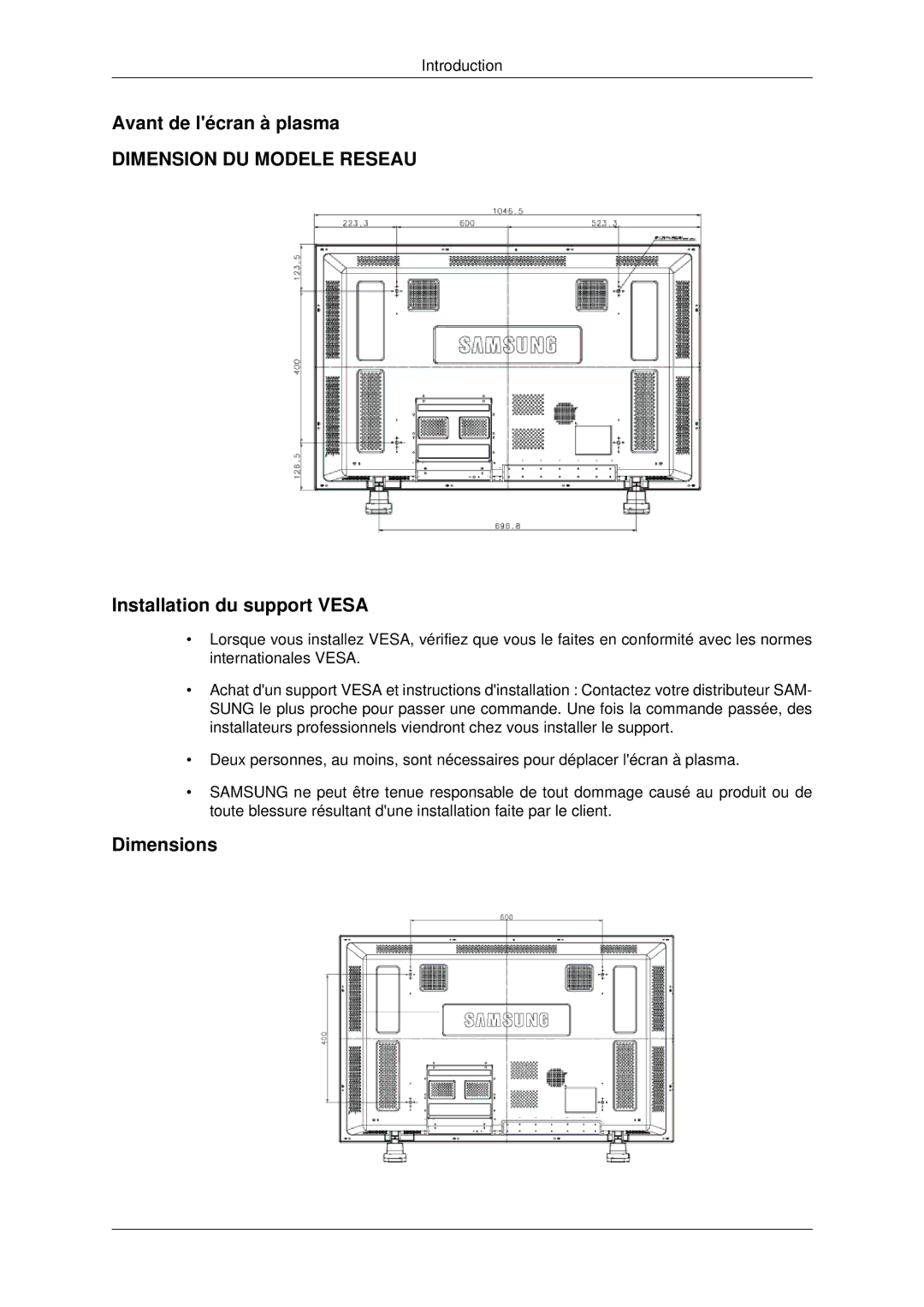 Samsung PH42KPPLBC/EN manual Avant de lécran à plasma, Installation du support Vesa, Dimensions 