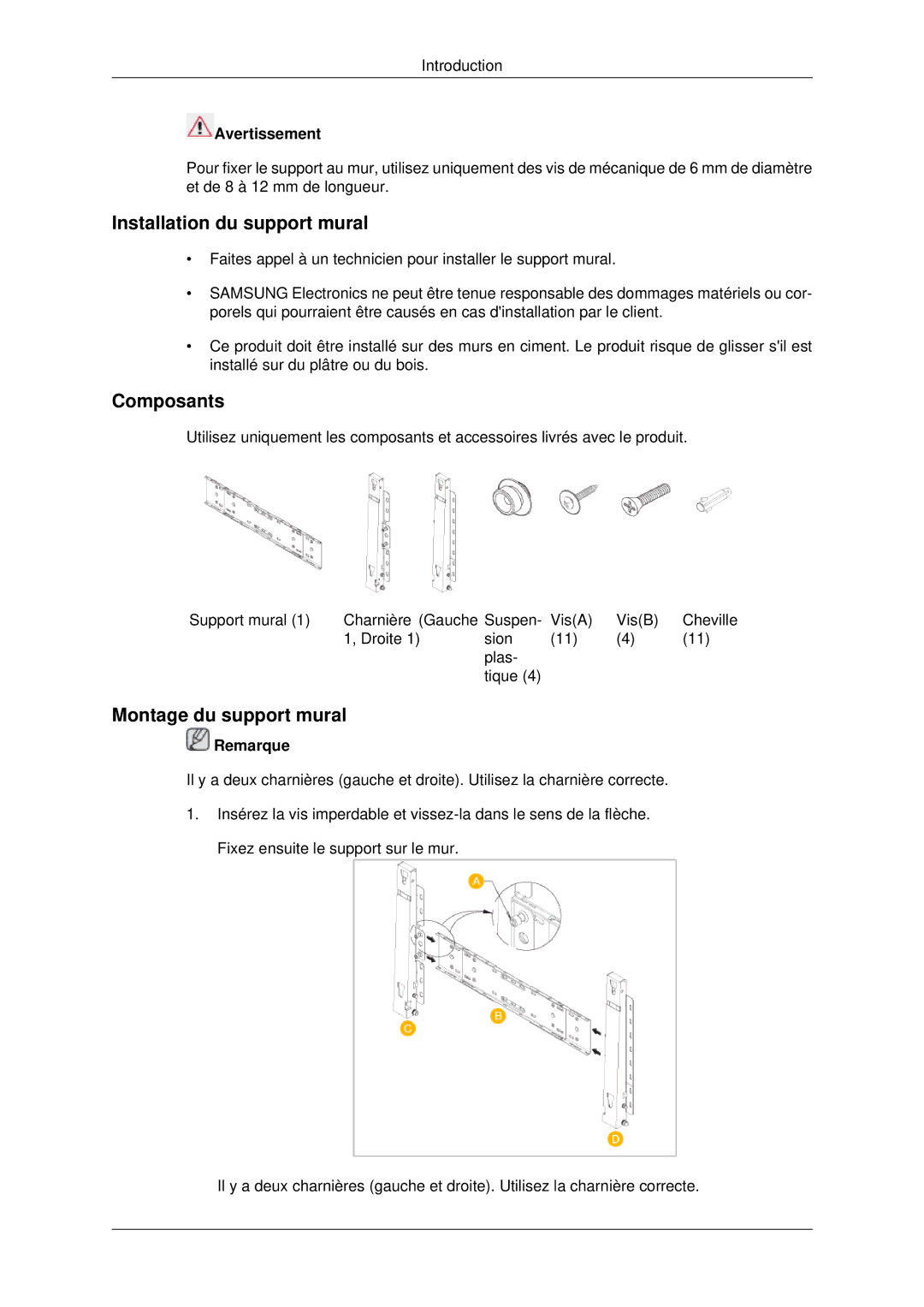 Samsung PH42KPPLBC/EN manual Installation du support mural, Composants, Montage du support mural, Avertissement 