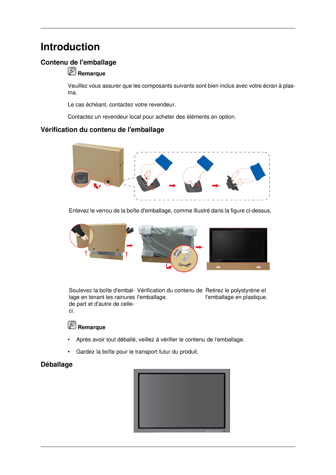 Samsung PH42KPPLBC/EN manual Contenu de lemballage, Vérification du contenu de lemballage, Déballage, Remarque 