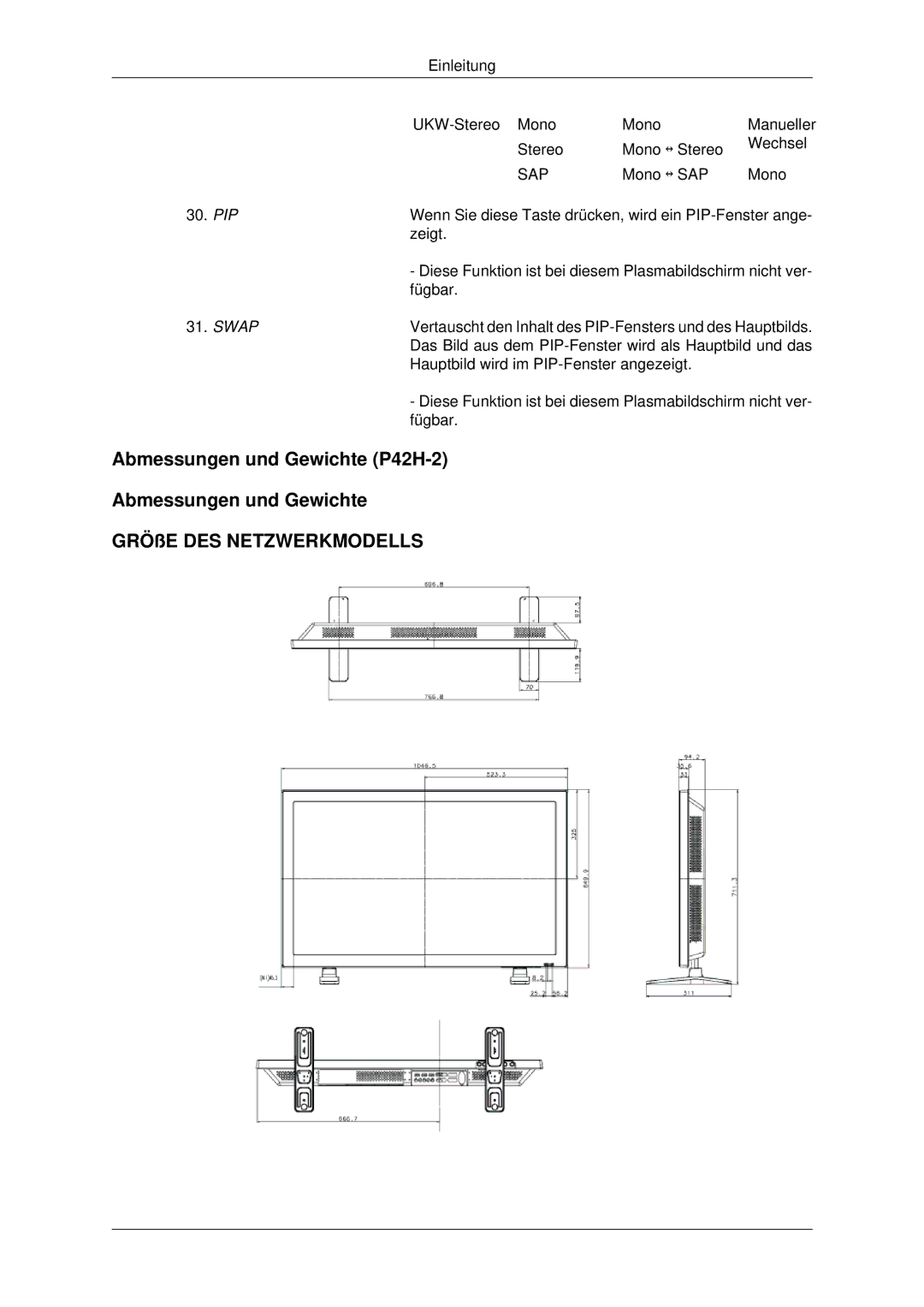 Samsung PH42KPPLBC/EN manual Abmessungen und Gewichte P42H-2 GRÖßE DES Netzwerkmodells, Sap 