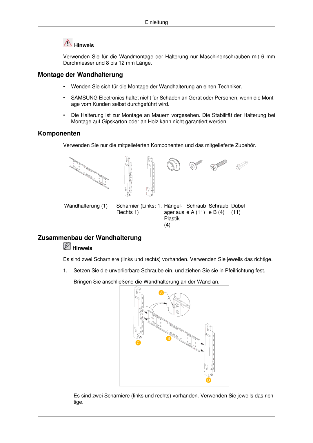 Samsung PH42KPPLBC/EN manual Montage der Wandhalterung, Komponenten, Zusammenbau der Wandhalterung 