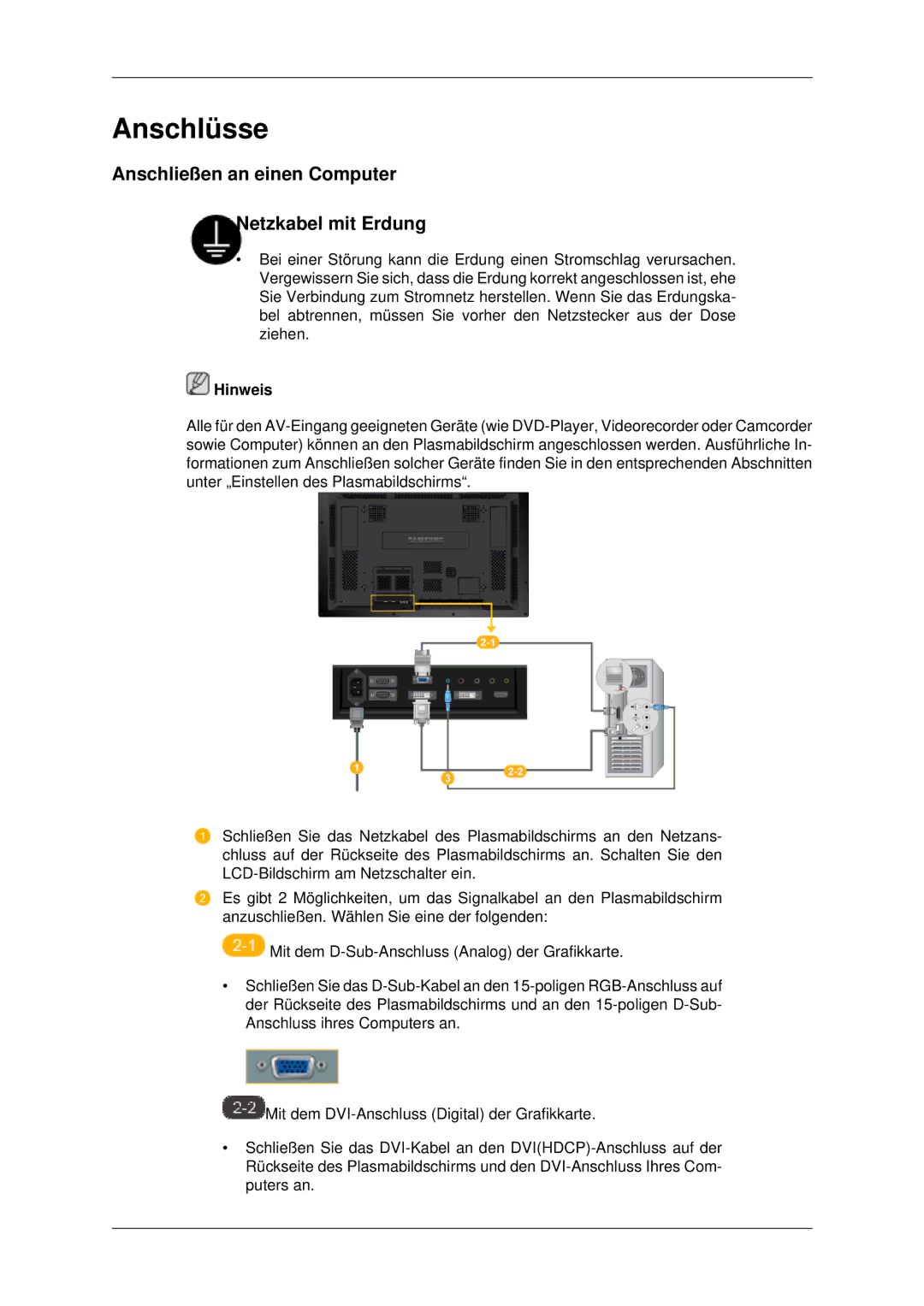 Samsung PH42KPPLBC/EN manual Anschlüsse, Anschließen an einen Computer Netzkabel mit Erdung 