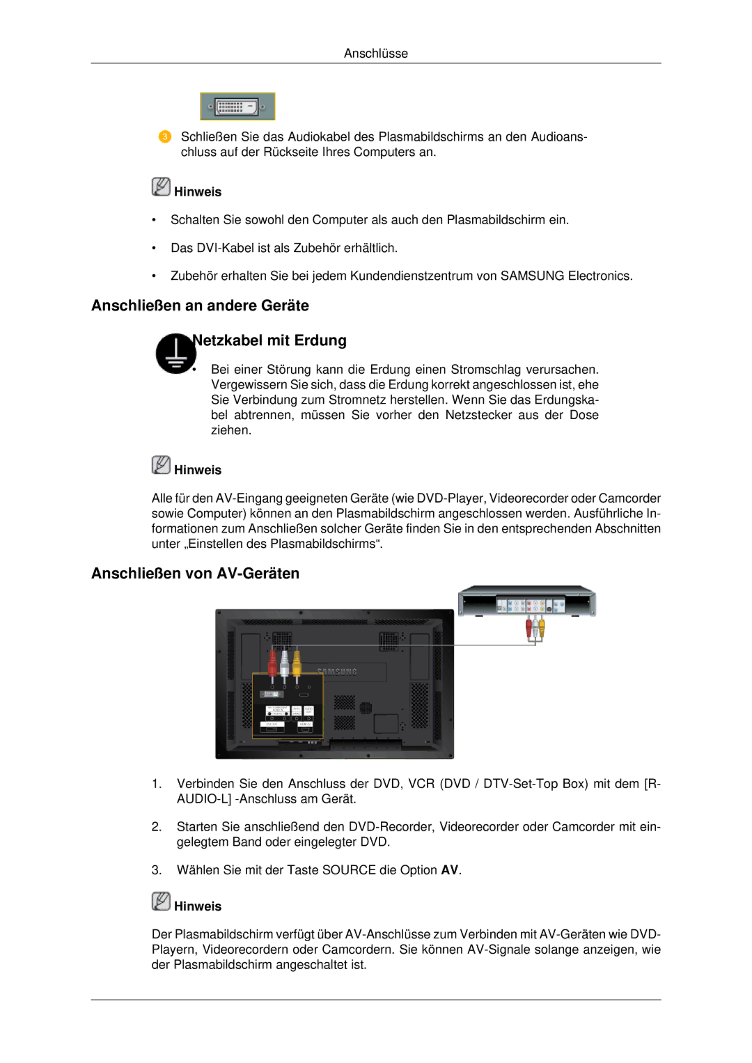 Samsung PH42KPPLBC/EN manual Anschließen an andere Geräte Netzkabel mit Erdung, Anschließen von AV-Geräten 