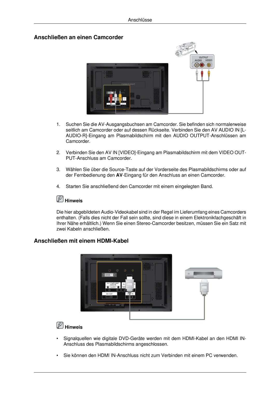 Samsung PH42KPPLBC/EN manual Anschließen an einen Camcorder, Anschließen mit einem HDMI-Kabel 